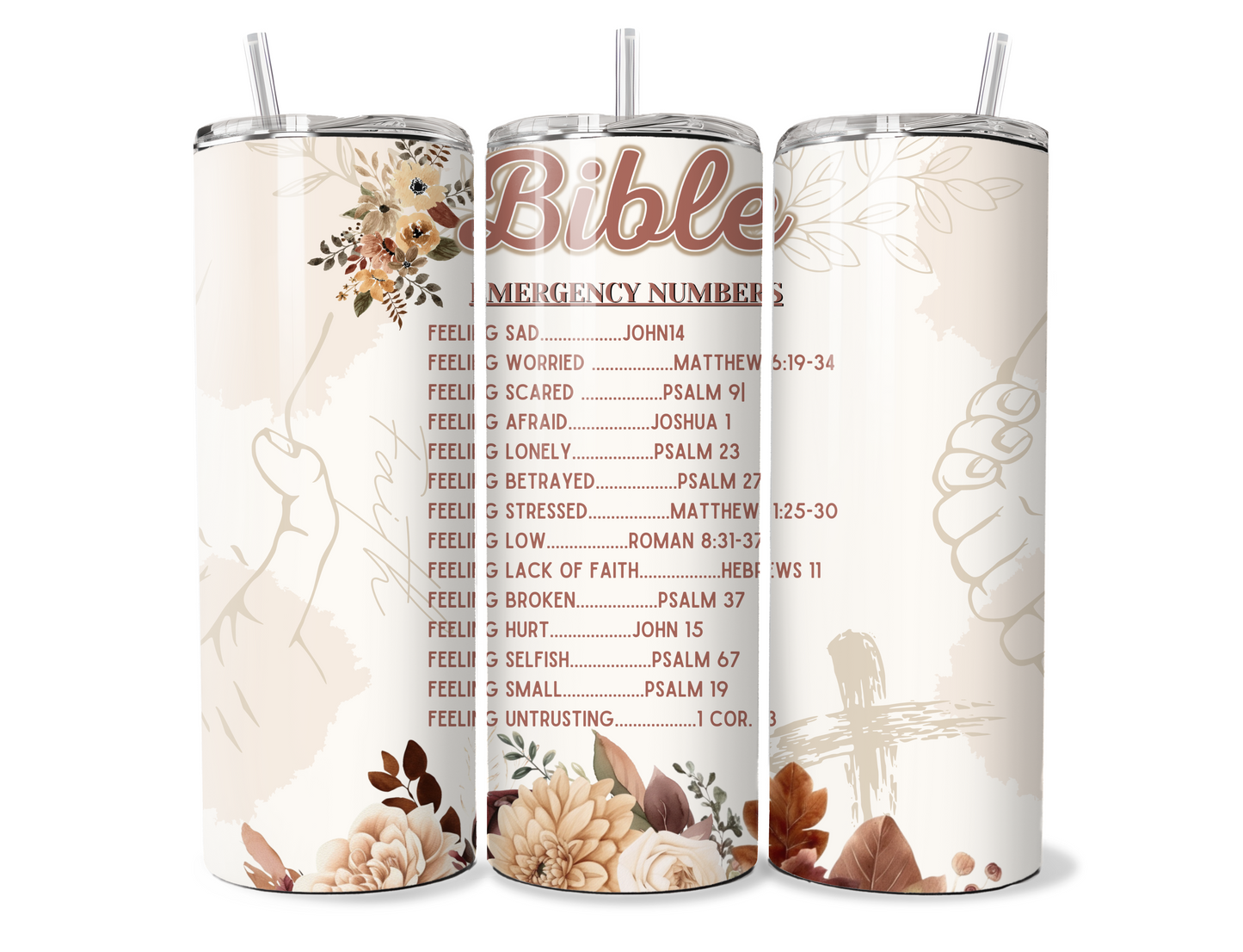 Bible Scripture Floral 20oz Skinny Tumbler with Inspirational Bible Quotes and Reusable Straw"