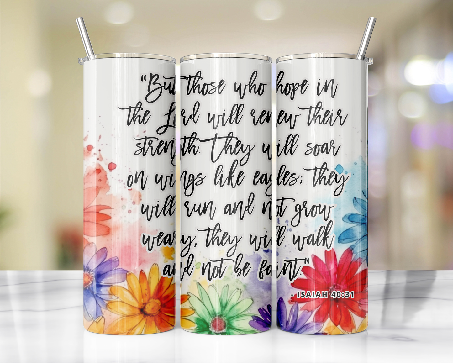 "Faithful Sips: 20oz Skinny Tumbler with Inspirational Bible Quotes and Reusable Straw"