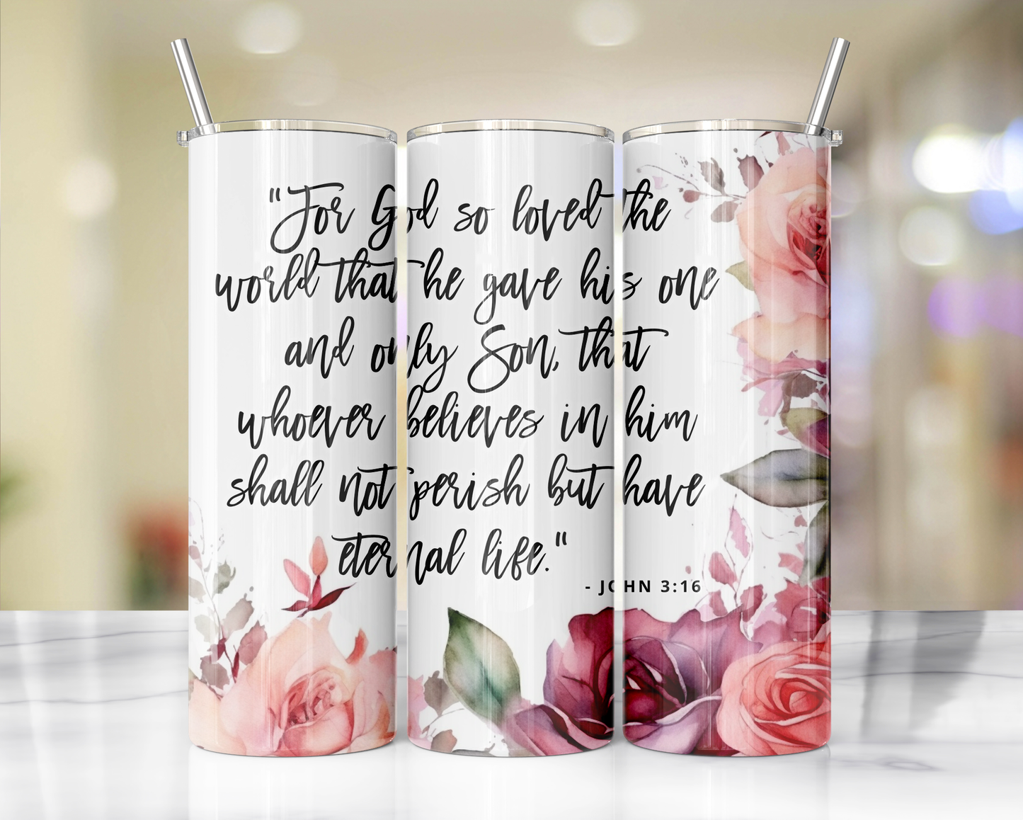 "Faithful Sips: 20oz Skinny Tumbler with Inspirational Bible Quotes and Reusable Straw"