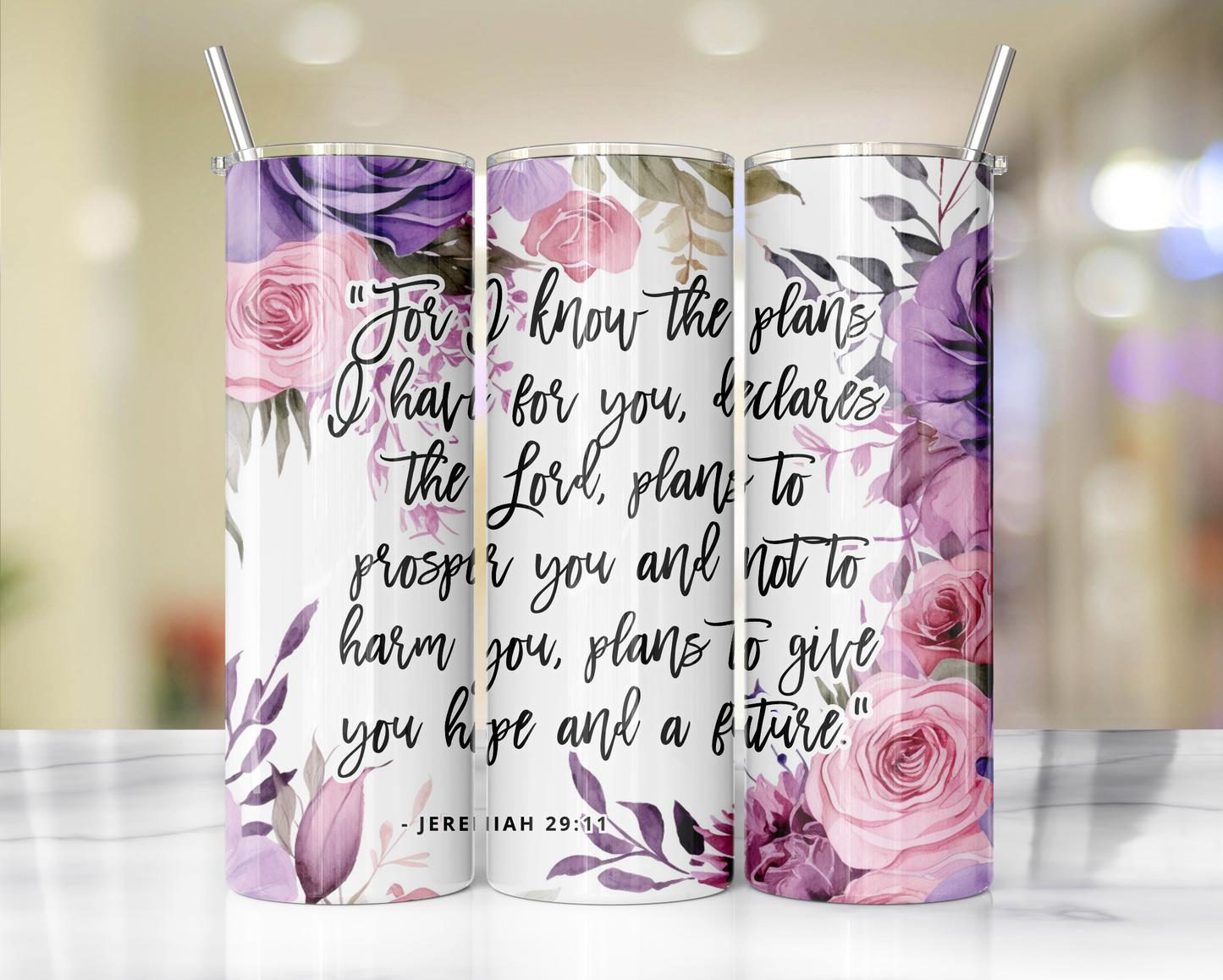 "Faithful Sips: 20oz Skinny Tumbler with Inspirational Bible Quotes and Reusable Straw"