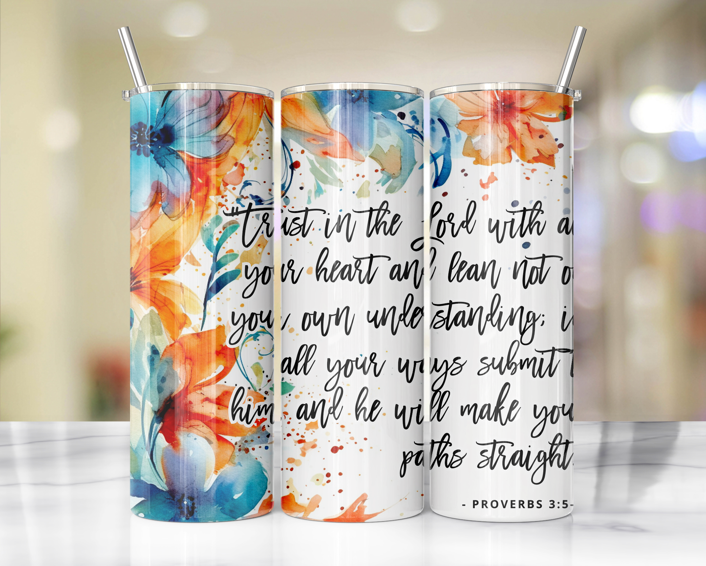 "Faithful Sips: 20oz Skinny Tumbler with Inspirational Bible Quotes and Reusable Straw"
