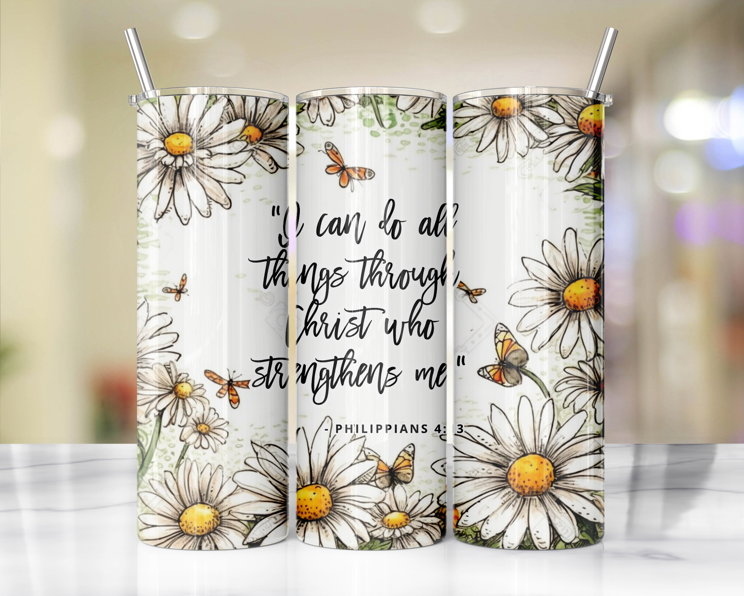 "Faithful Sips: 20oz Skinny Tumbler with Inspirational Bible Quotes and Reusable Straw"