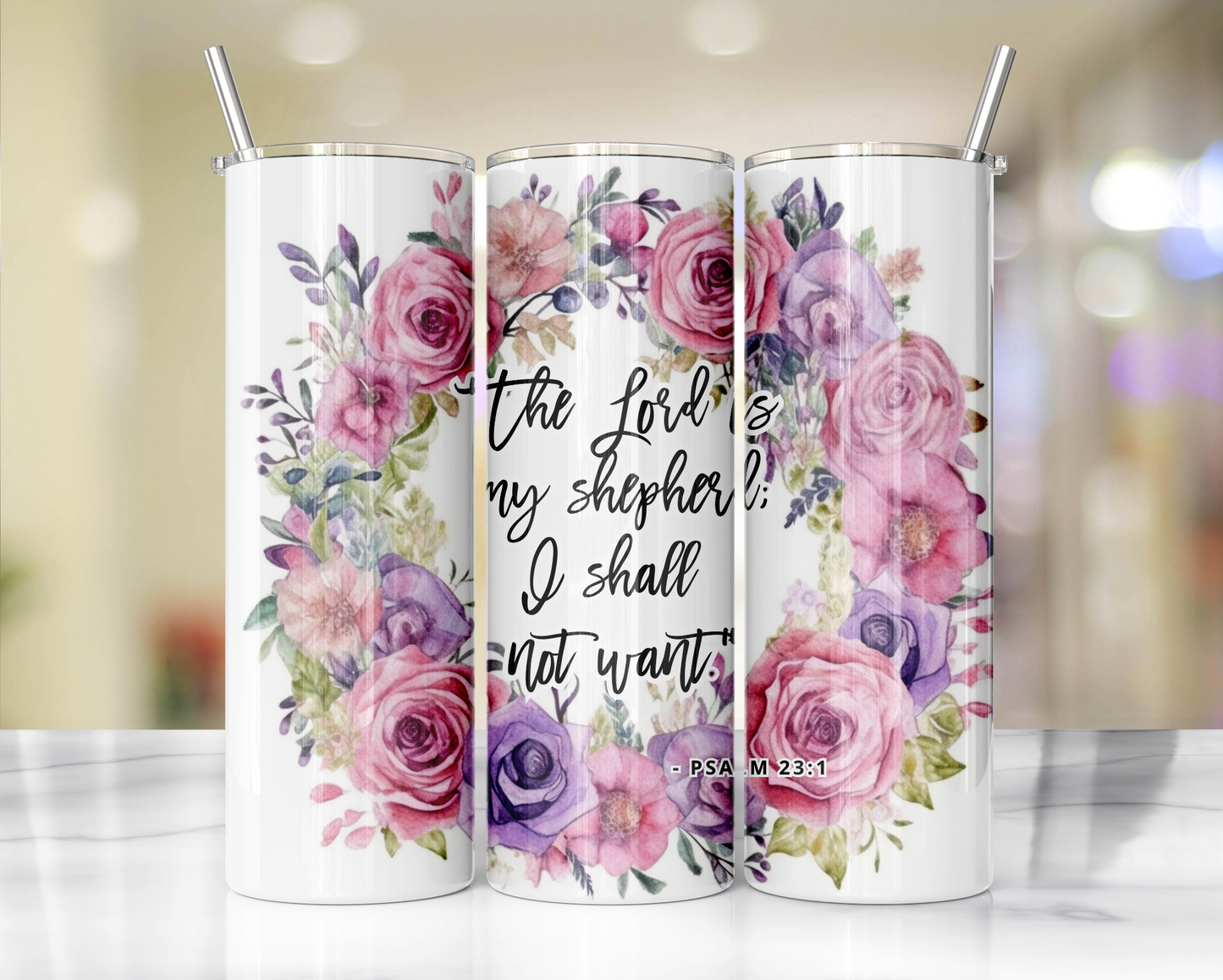 "Faithful Sips: 20oz Skinny Tumbler with Inspirational Bible Quotes and Reusable Straw"