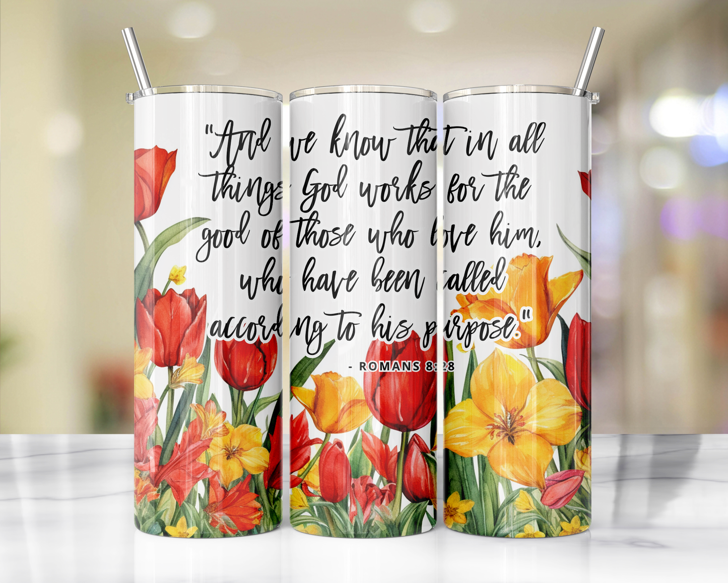 All things Work For Good "Faithful Sips: 20oz Skinny Tumbler with Inspirational Bible Quotes and Reusable Straw"