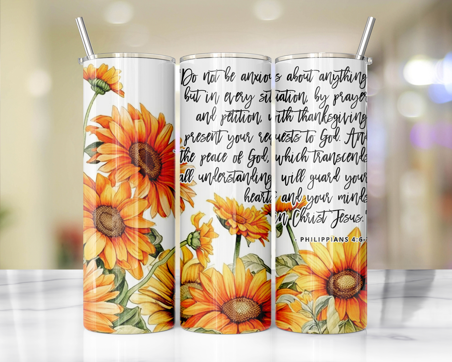 "Faithful Sips: 20oz Skinny Tumbler with Inspirational Bible Quotes and Reusable Straw"