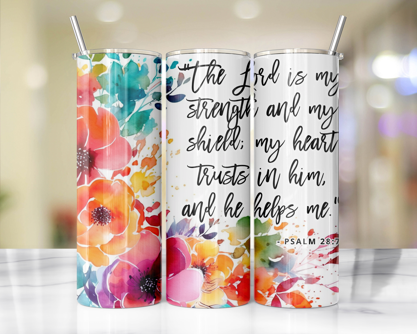 "Faithful Sips: 20oz Skinny Tumbler with Inspirational Bible Quotes and Reusable Straw"