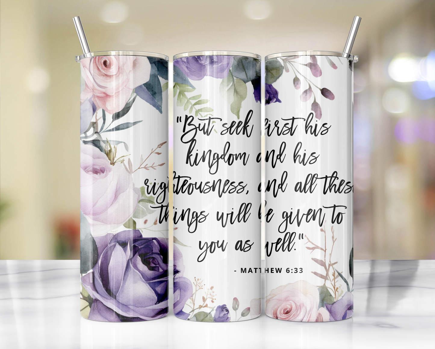 "Faithful Sips: 20oz Skinny Tumbler with Inspirational Bible Quotes and Reusable Straw"