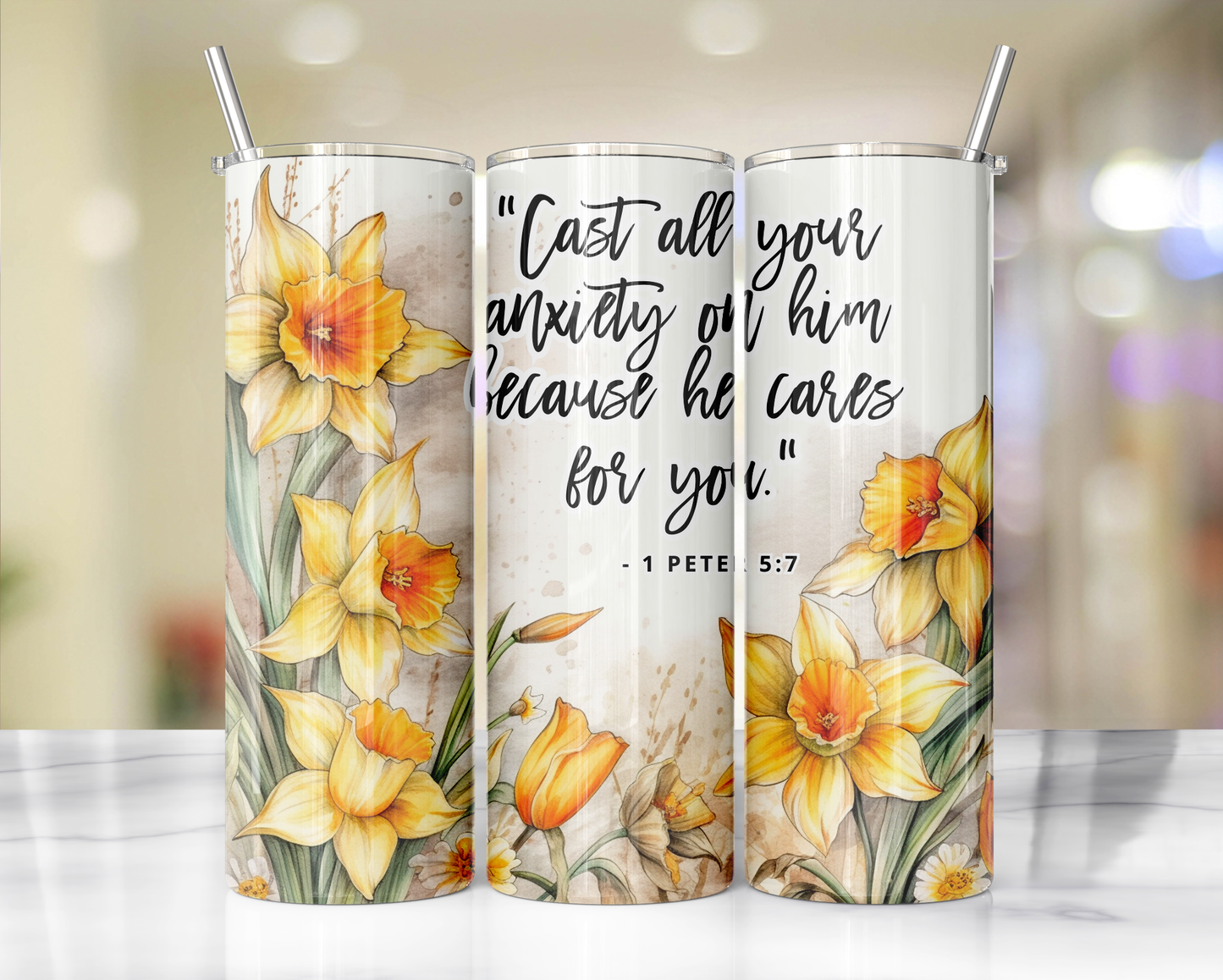 "Faithful Sips: 20oz Skinny Tumbler with Inspirational Bible Quotes and Reusable Straw"
