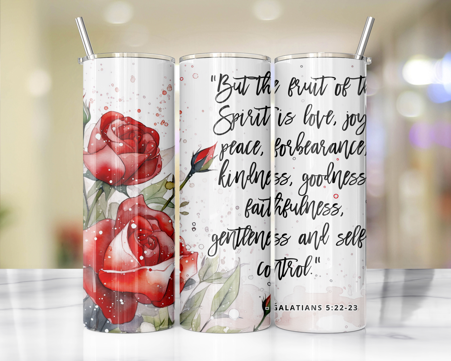 "Faithful Sips: 20oz Skinny Tumbler with Inspirational Bible Quotes and Reusable Straw"