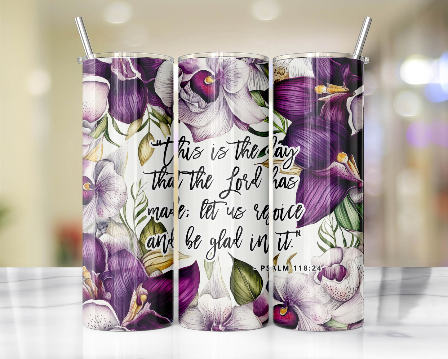 "Faithful Sips: 20oz Skinny Tumbler with Inspirational Bible Quotes and Reusable Straw"