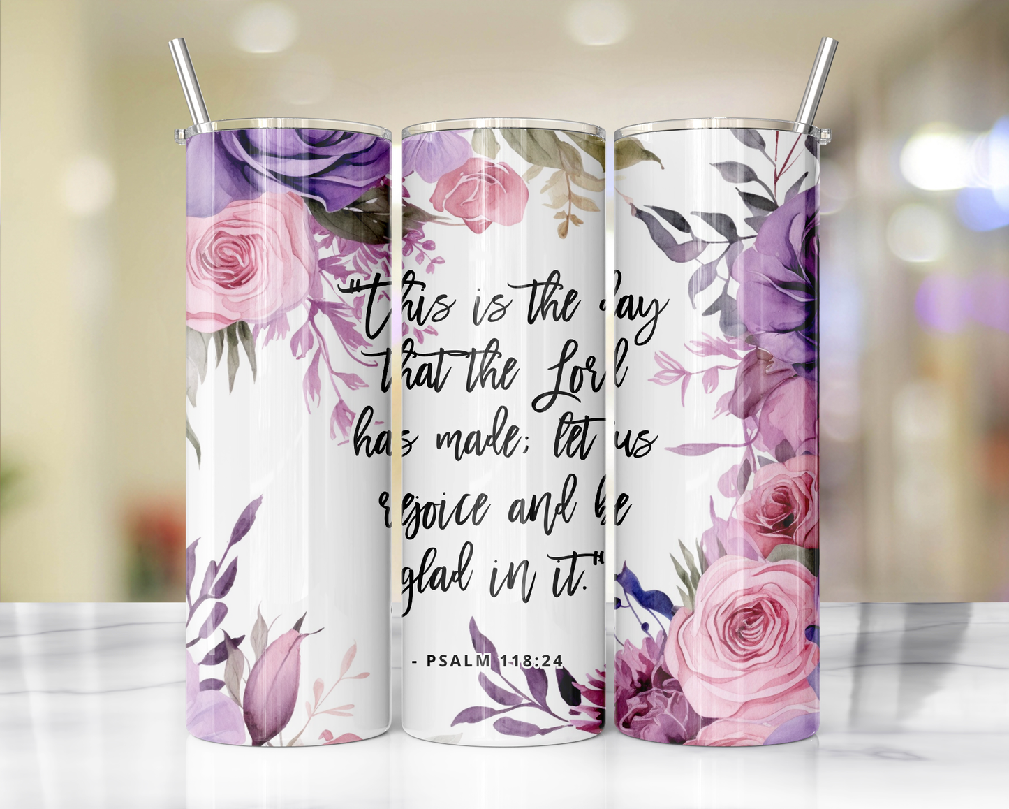"Faithful Sips: 20oz Skinny Tumbler with Inspirational Bible Quotes and Reusable Straw"
