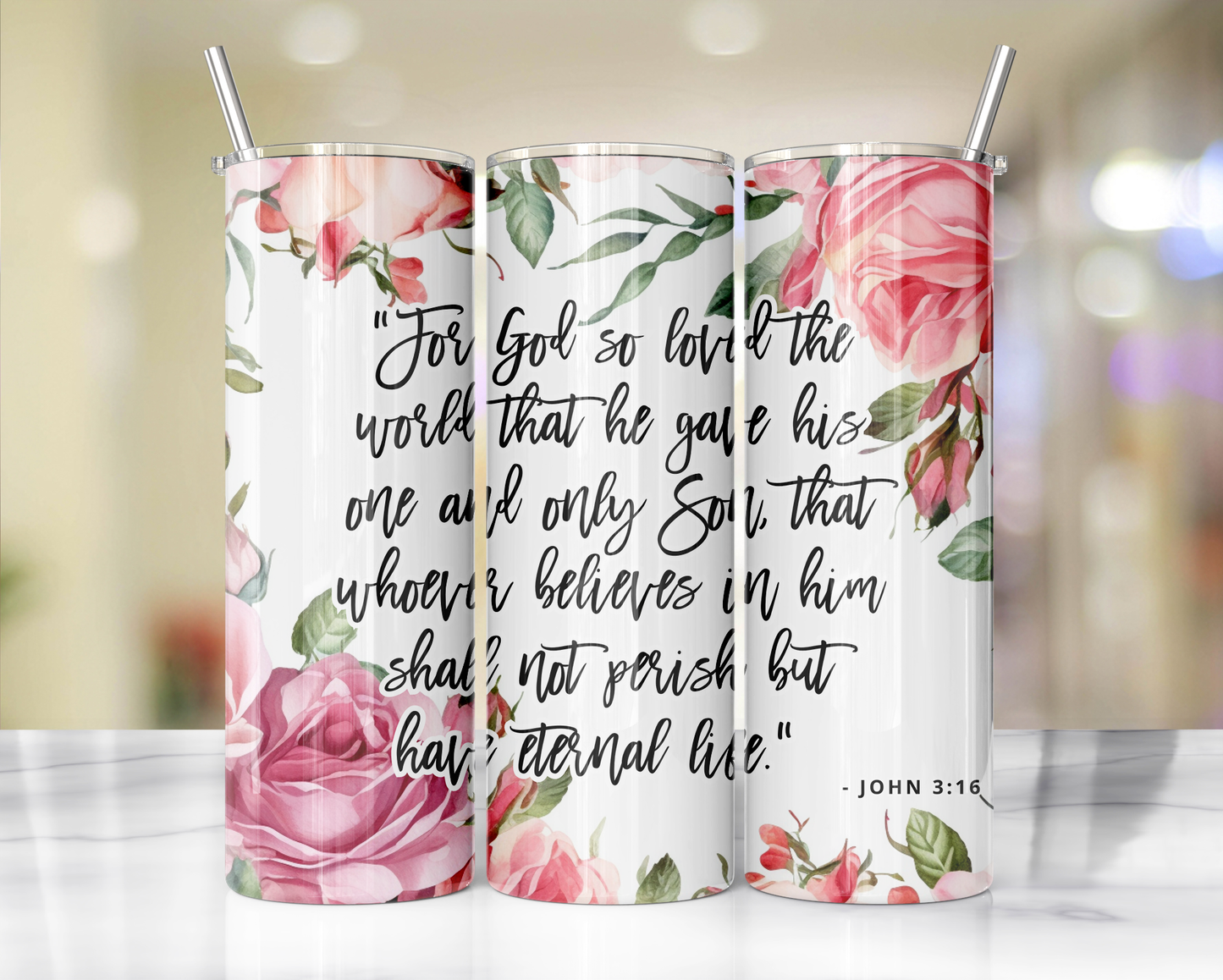 "Faithful Sips: 20oz Skinny Tumbler with Inspirational Bible Quotes and Reusable Straw"