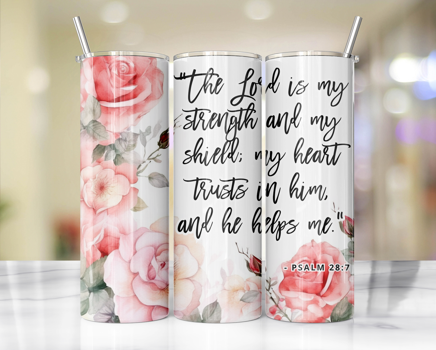 "Faithful Sips: 20oz Skinny Tumbler with Inspirational Bible Quotes and Reusable Straw"