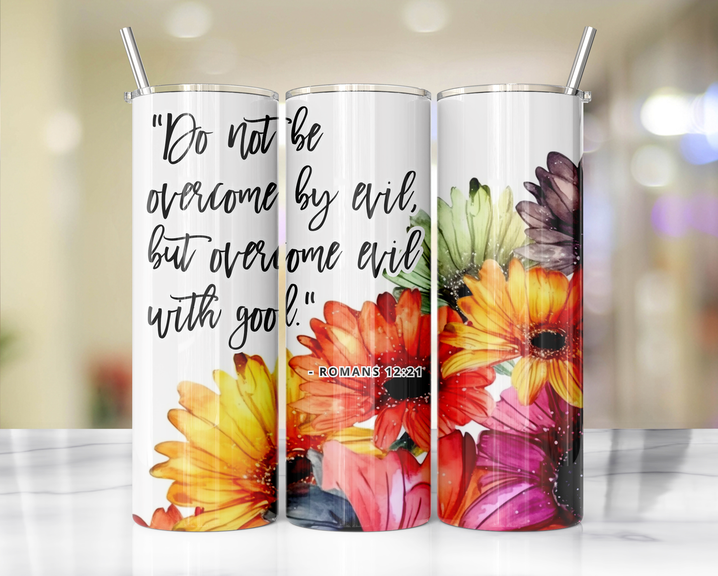 "Faithful Sips: 20oz Skinny Tumbler with Inspirational Bible Quotes and Reusable Straw"