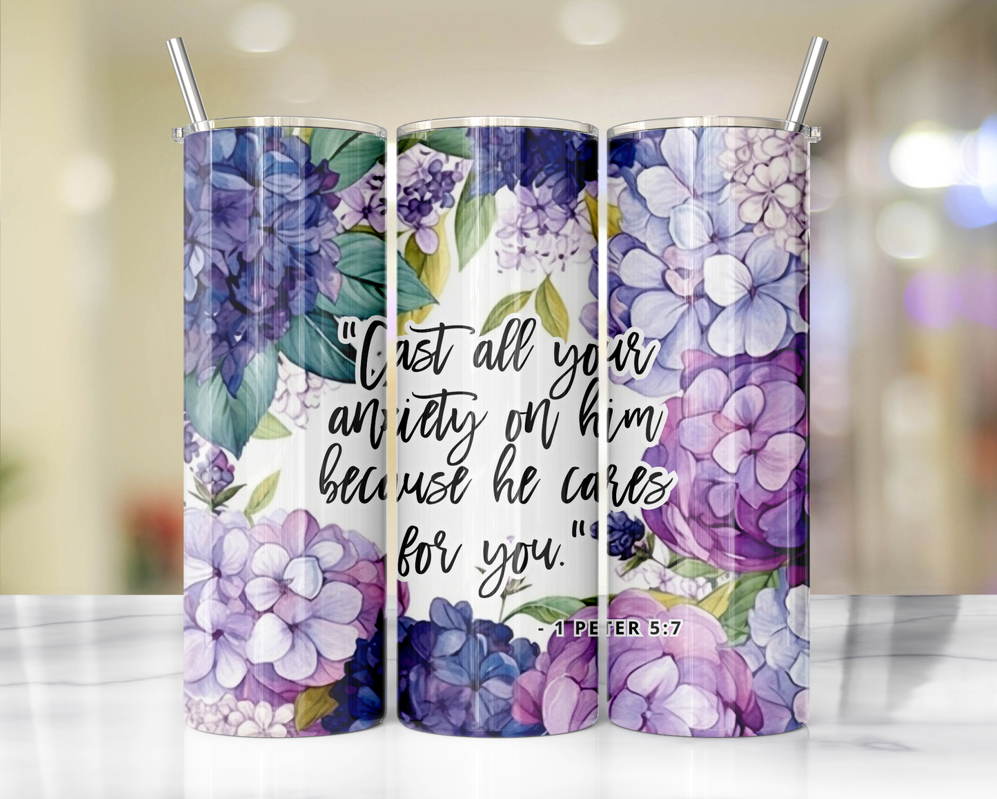 "Faithful Sips: 20oz Skinny Tumbler with Inspirational Bible Quotes and Reusable Straw"