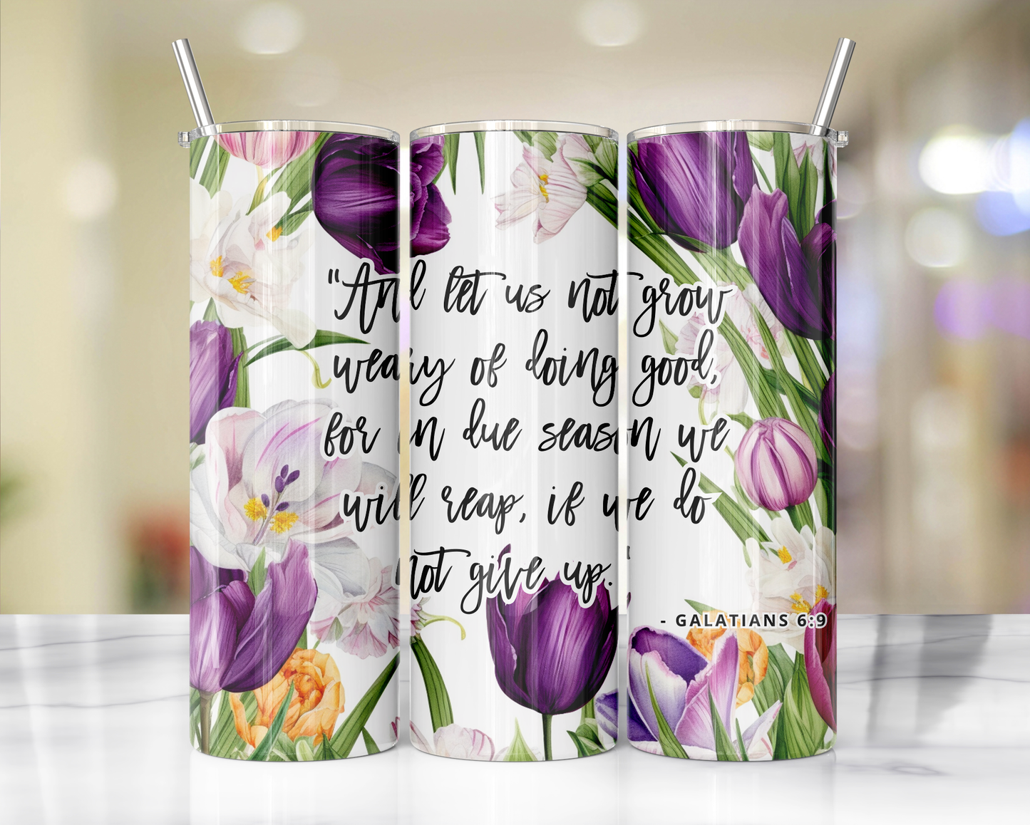 "Faithful Sips: 20oz Skinny Tumbler with Inspirational Bible Quotes and Reusable Straw"