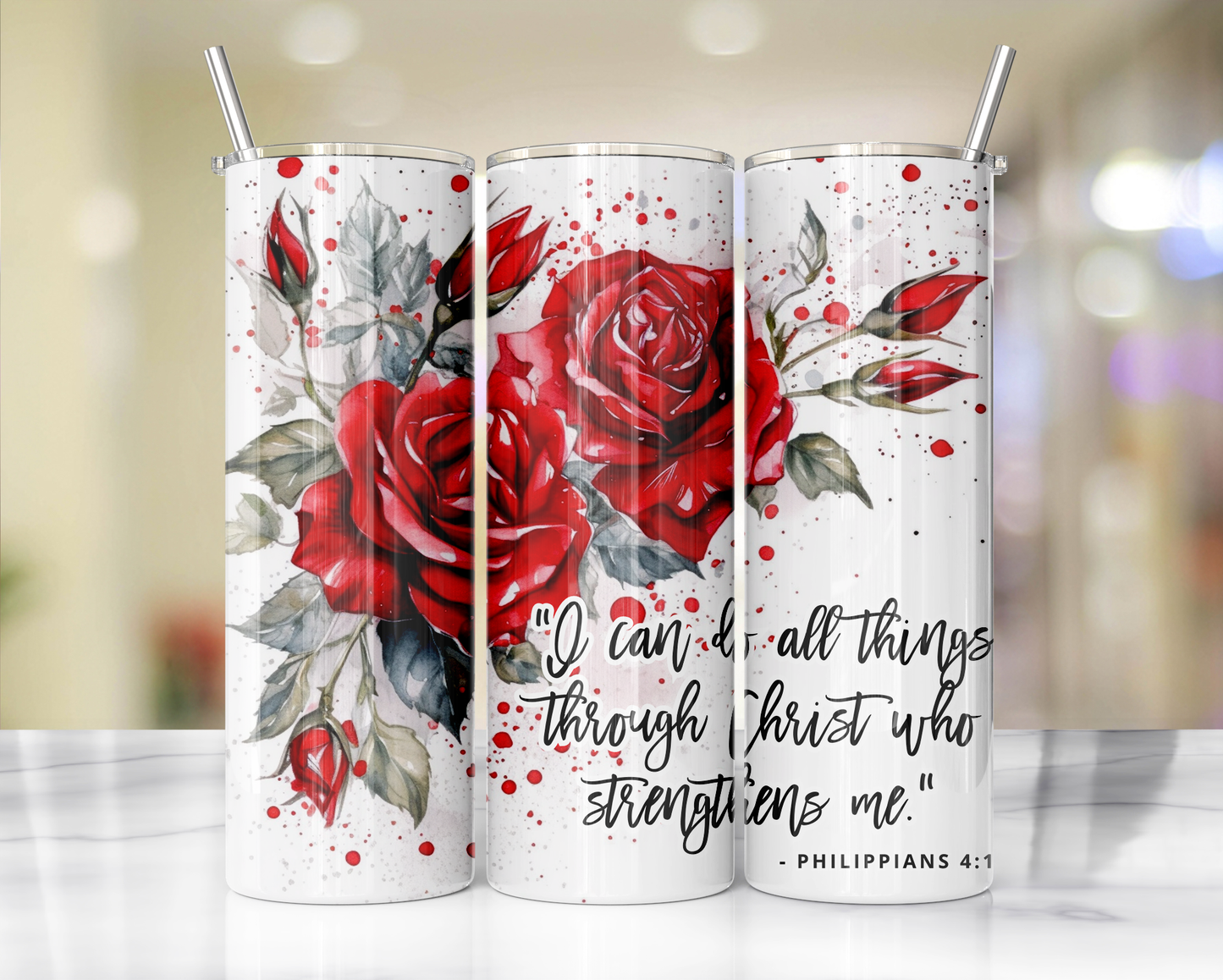 "Faithful Sips: 20oz Skinny Tumbler with Inspirational Bible Quotes and Reusable Straw"