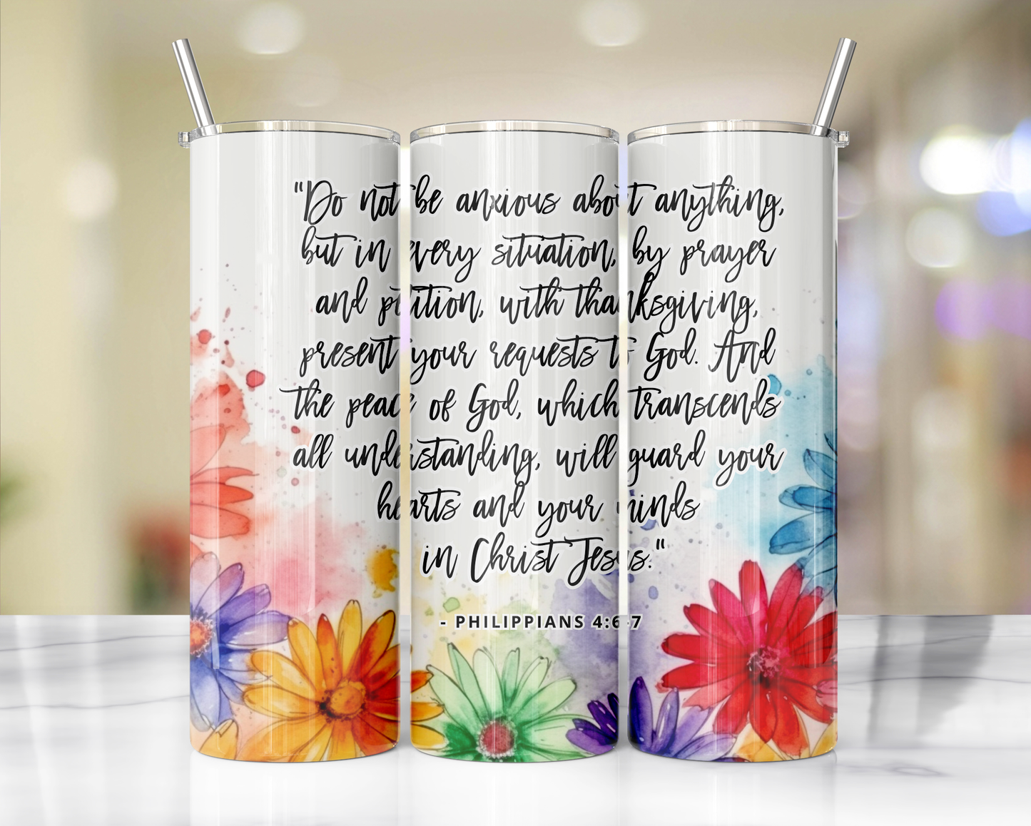 "Faithful Sips: 20oz Skinny Tumbler with Inspirational Bible Quotes and Reusable Straw"