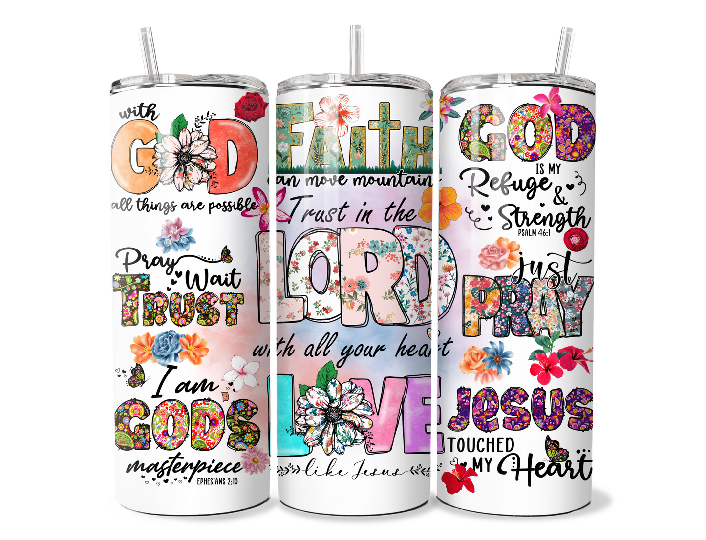 Christian Floral "Faithful Sips: 20oz Skinny Tumbler with Inspirational Bible Quotes and Reusable Straw"