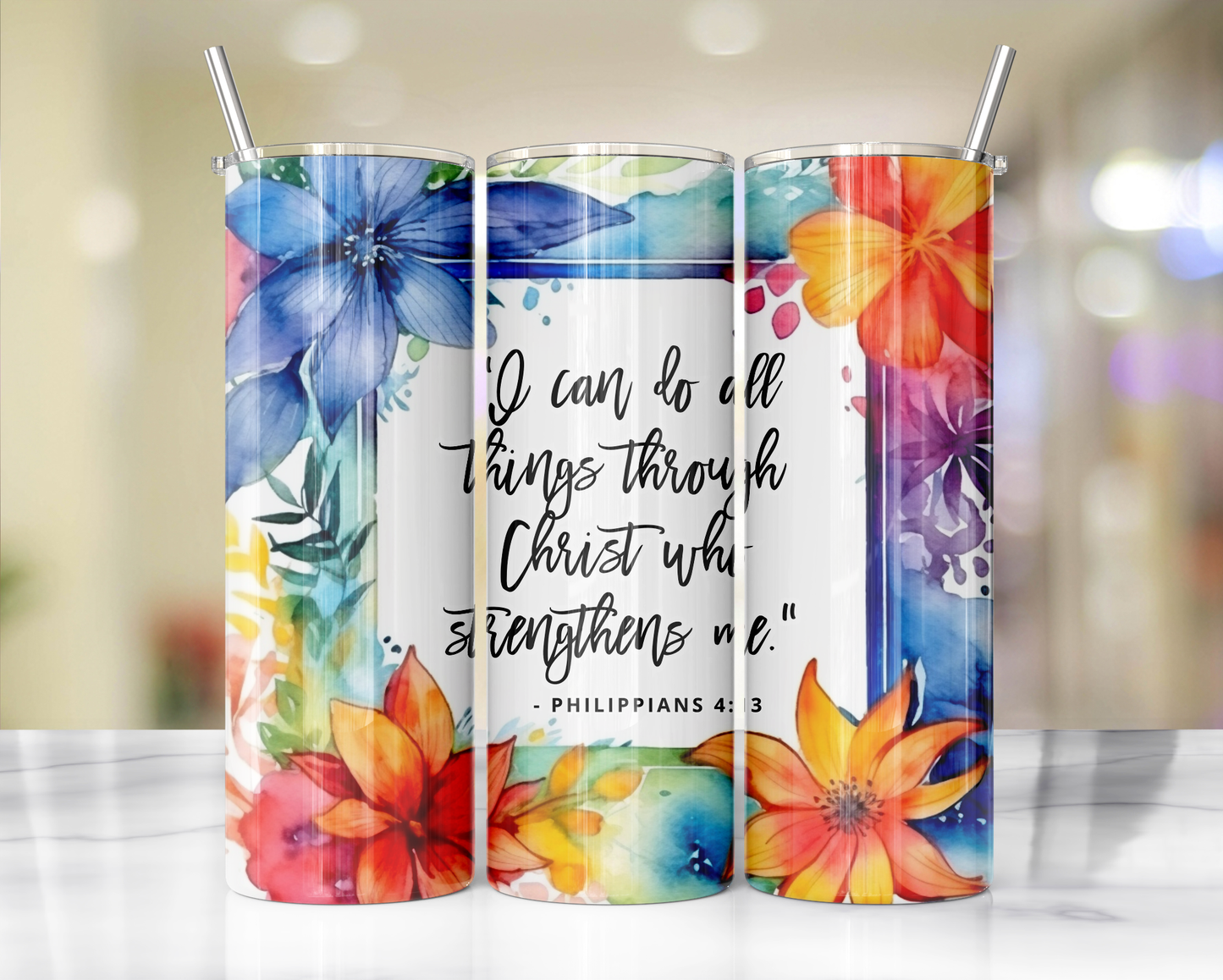 I can do all things "Faithful Sips: 20oz Skinny Tumbler with Inspirational Bible Quotes and Reusable Straw"