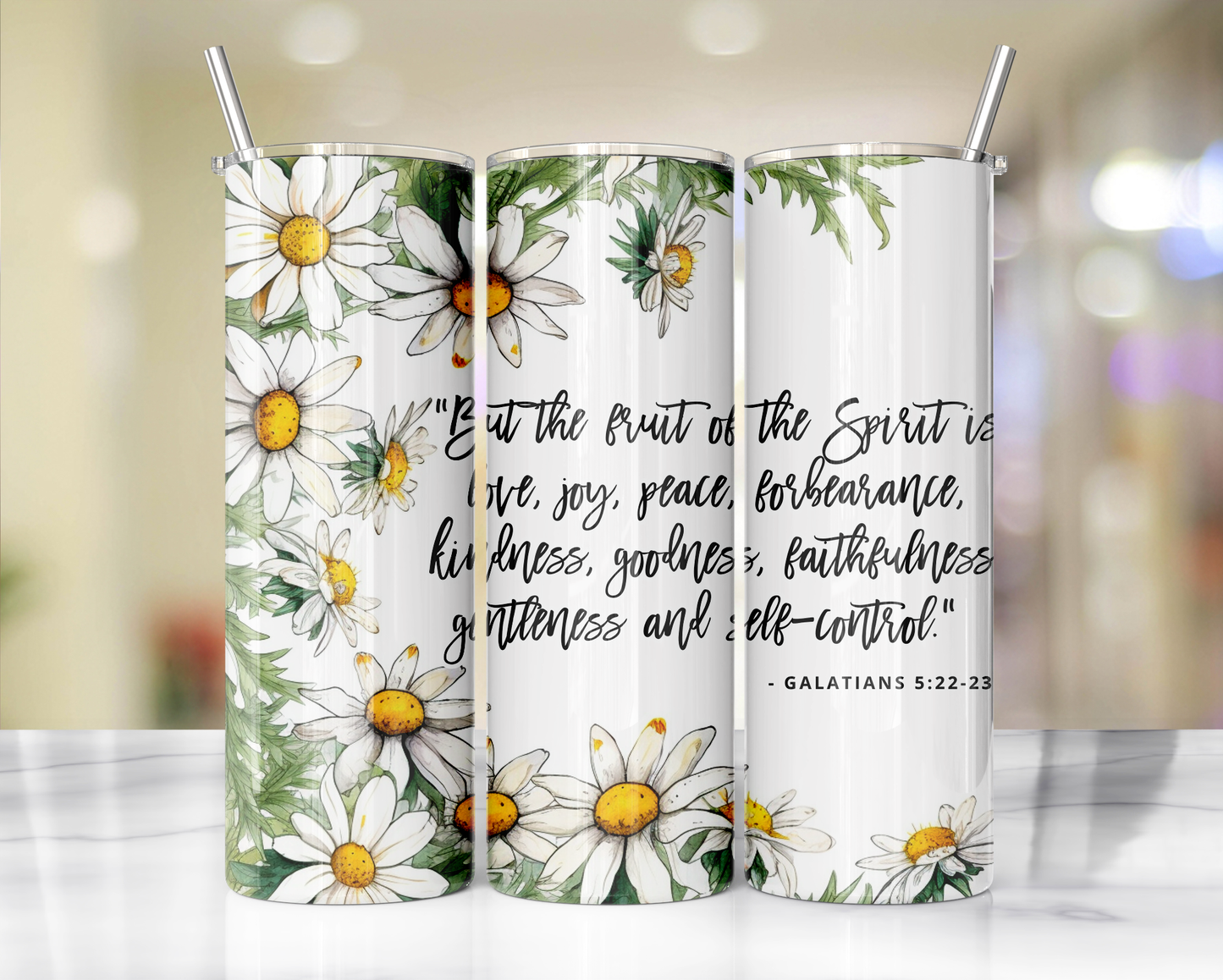 "Faithful Sips: 20oz Skinny Tumbler with Inspirational Bible Quotes and Reusable Straw"