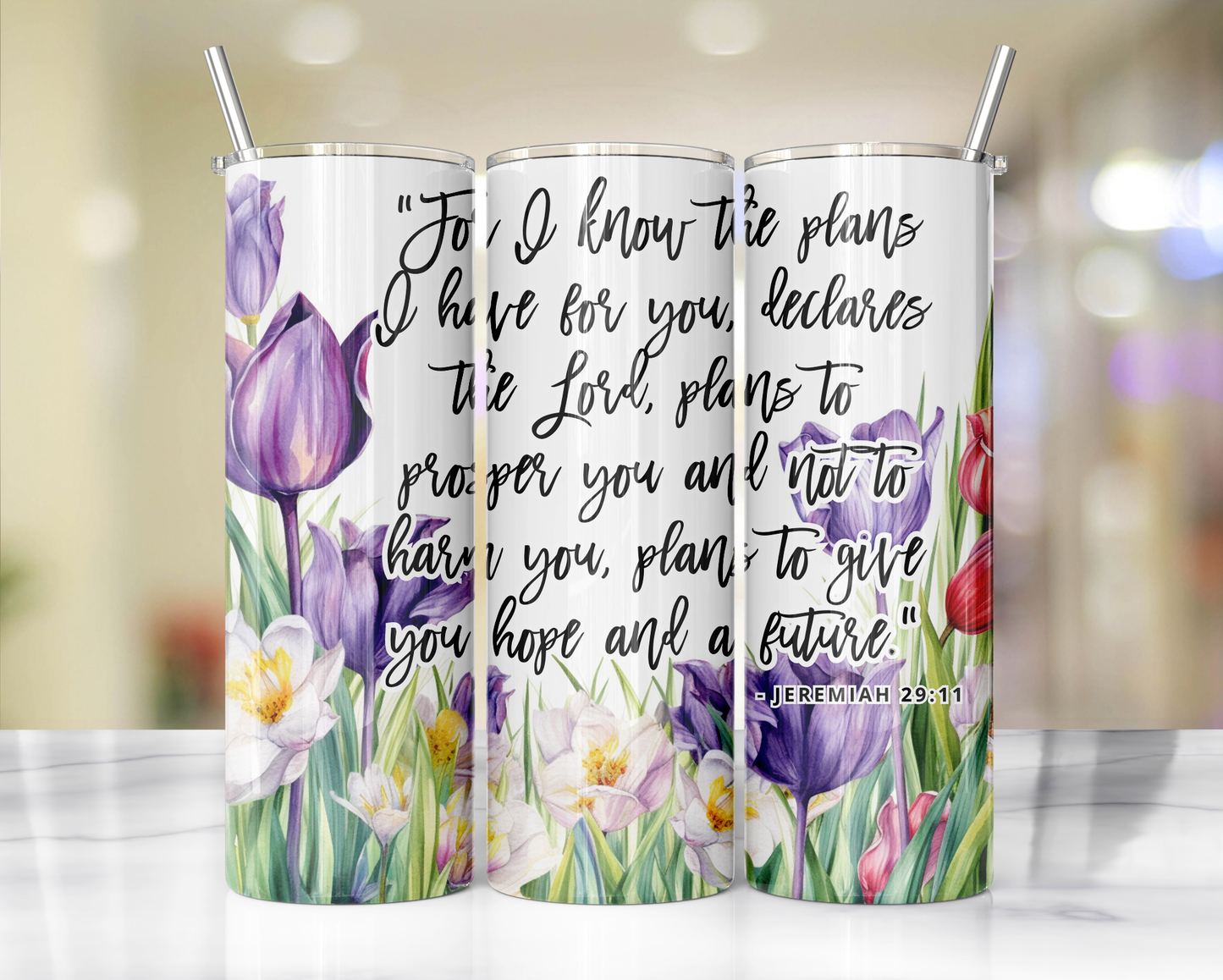 "Faithful Sips: 20oz Skinny Tumbler with Inspirational Bible Quotes and Reusable Straw"