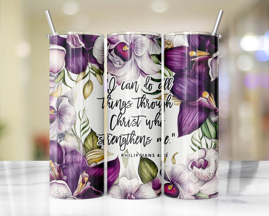 "Faithful Sips: 20oz Skinny Tumbler with Inspirational Bible Quotes and Reusable Straw"