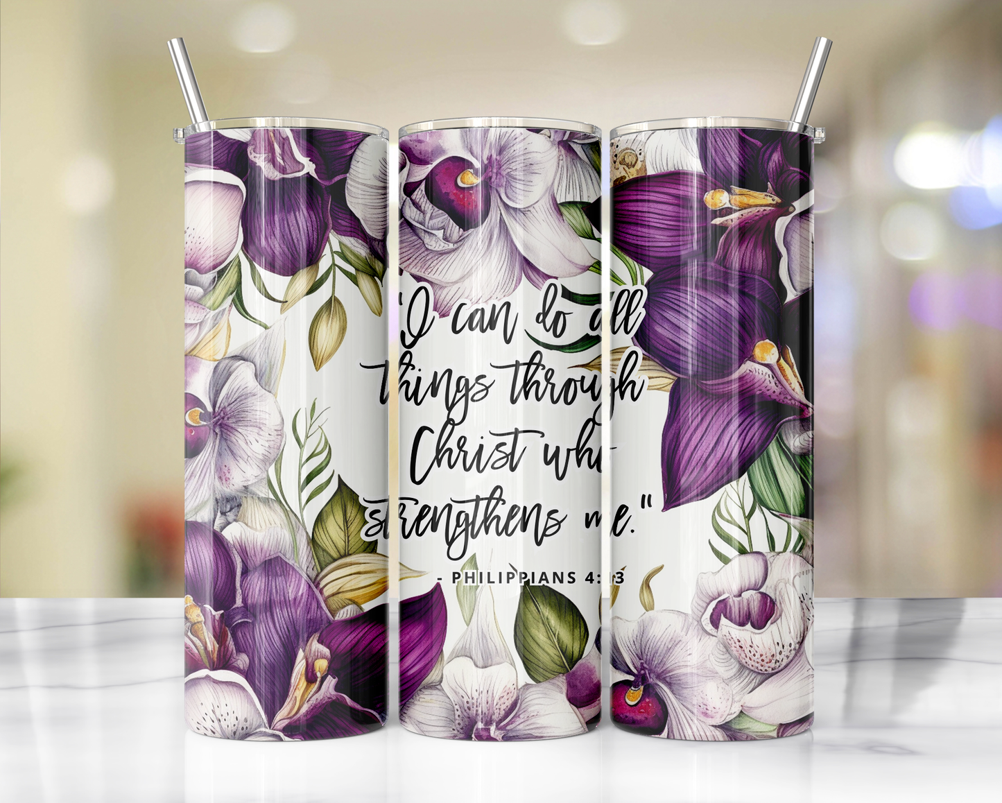 I Can Do All Things "Faithful Sips: 20oz Skinny Tumbler with Inspirational Bible Quotes and Reusable Straw"