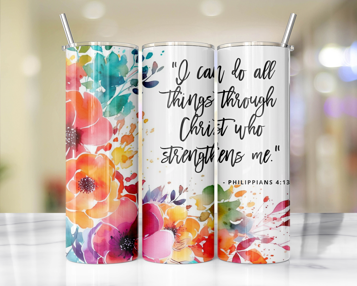 "Faithful Sips: 20oz Skinny Tumbler with Inspirational Bible Quotes and Reusable Straw"