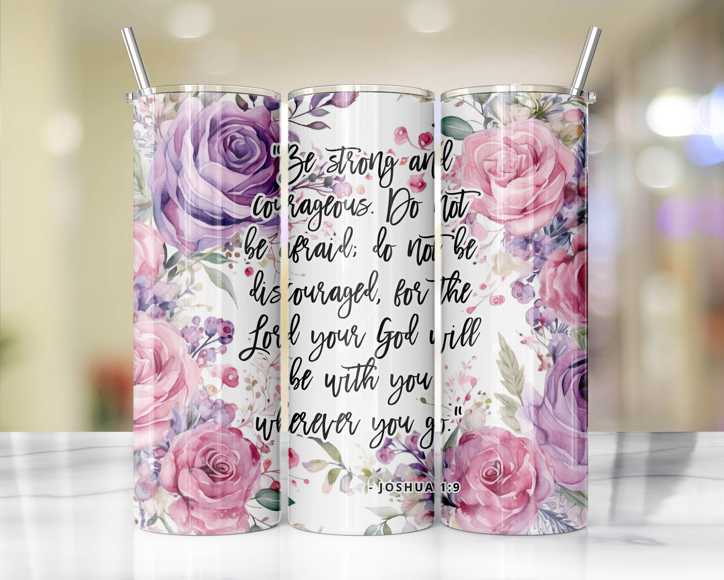 "Faithful Sips: 20oz Skinny Tumbler with Inspirational Bible Quotes and Reusable Straw"