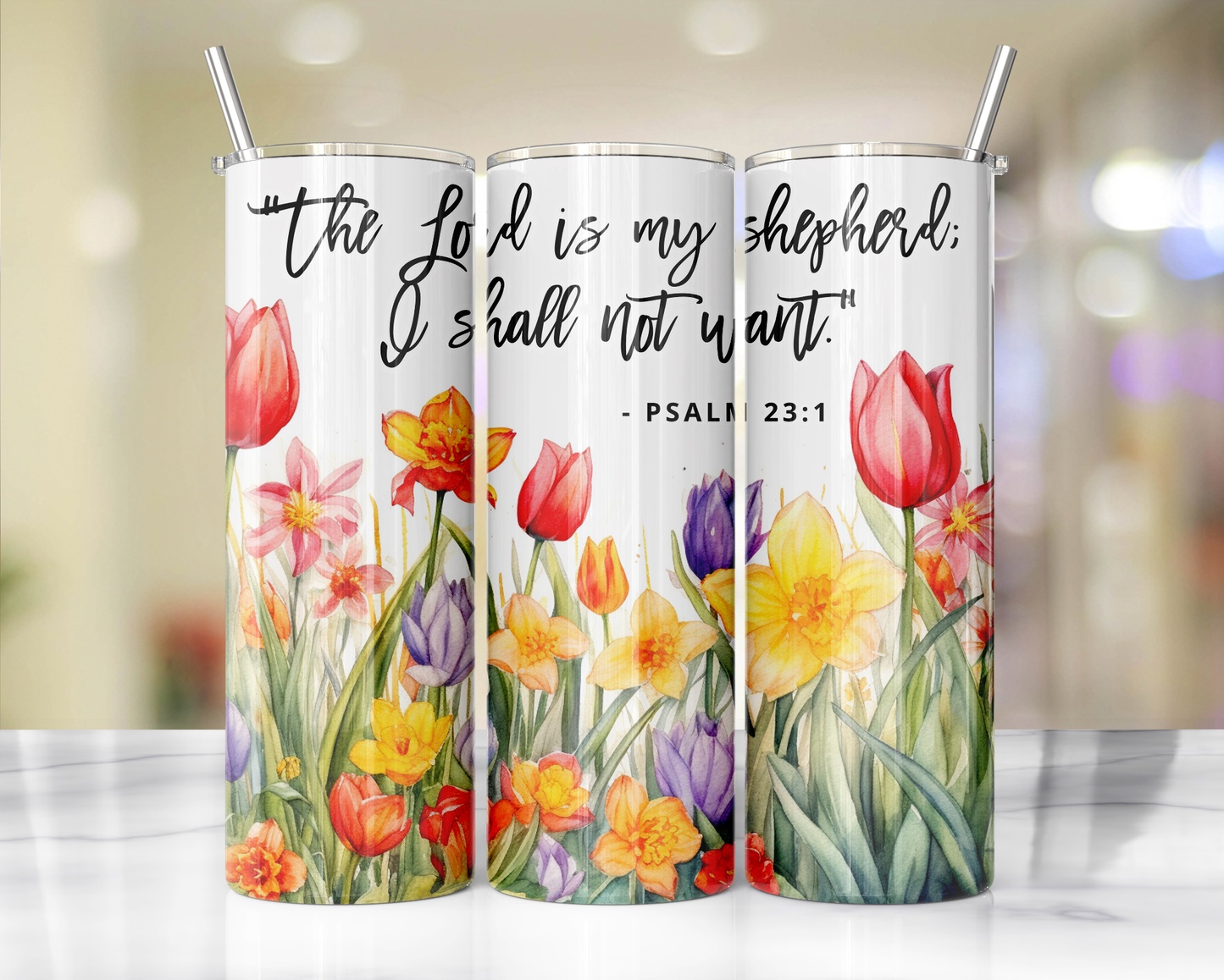 "Faithful Sips: 20oz Skinny Tumbler with Inspirational Bible Quotes and Reusable Straw"